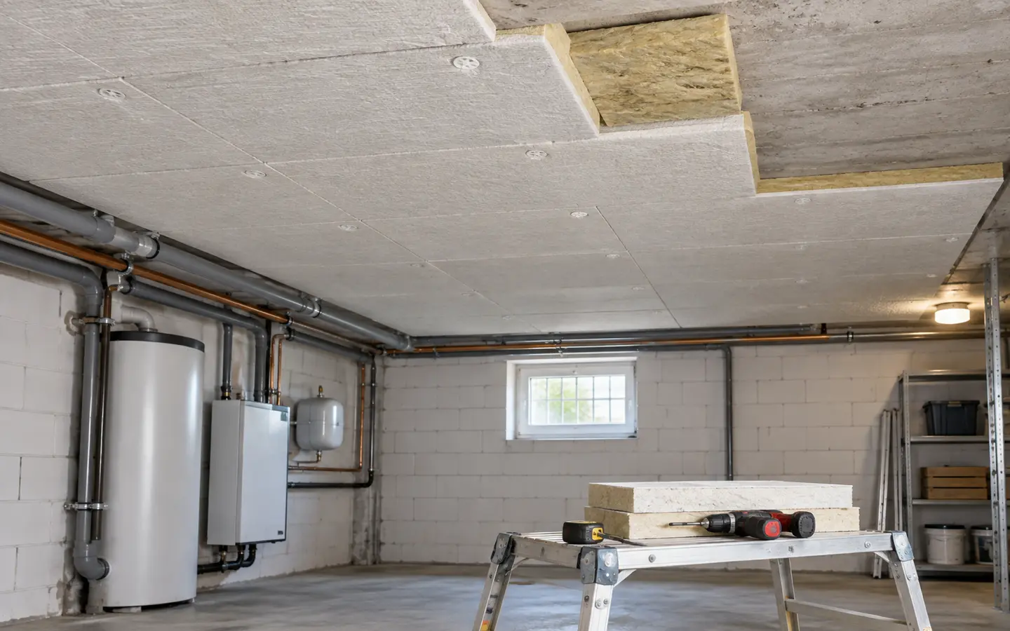 Gedämmte Kellerdecke mit Dämmplatten während der Montage